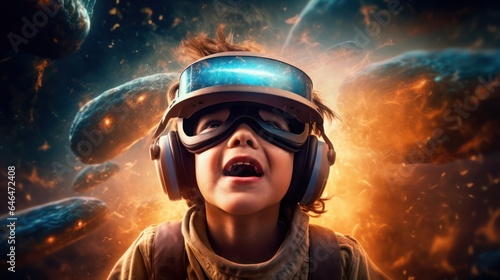 A kid wear virtual reality glasses