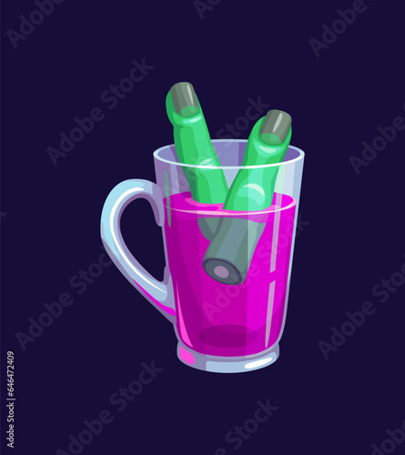 Halloween cocktail or holiday party drink cup with fingers ice of dead zombie, cartoon vector. Halloween cocktail drink, soda lemonade or tea with purple potion and green fingers in cup for bar menu