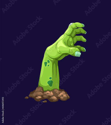 Cartoon zombie hand with green rotten skin and blue pale nails sticks out from the ground, its decayed and pale fingers grasping and clutching for something, as it reaches out for its next victim