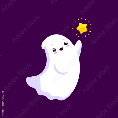 Cartoon Halloween kawaii ghost character joyfully captures the star. Isolated vector lovable and adorable baby spook following dream, blending spectral charm and celestial playfulness in whimsical way