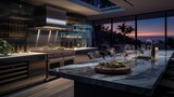 A kitchen with a built-in wine cooler and waterfall island