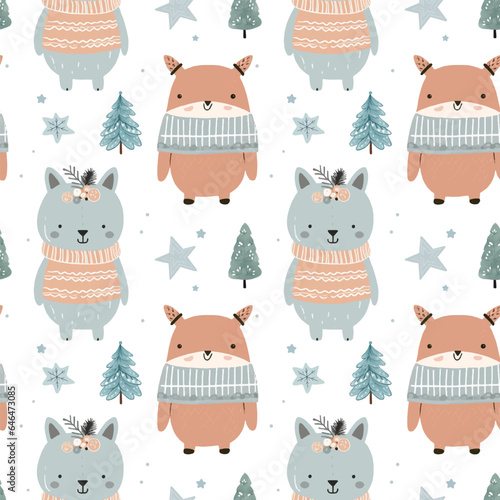 Winter seamless pattern with cute animals. Christmas vector pattern. Hand drawn vector children's print