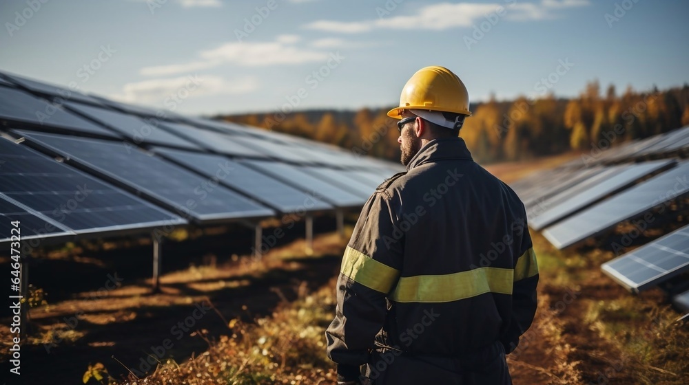 Worker near the solar panels. Modern sources of energy concept. Worker near the solar panels. Modern sources of energy concept.