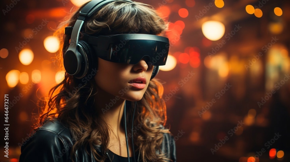 Beautiful girl wears virtual reality headset. Immersion VR glasses.