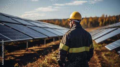 Worker near the solar panels. Modern sources of energy concept.