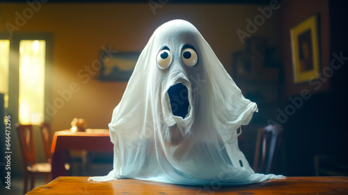 Friendly Ghost in a White Sheet Costume with Black Eyes and Mouth AI Generated