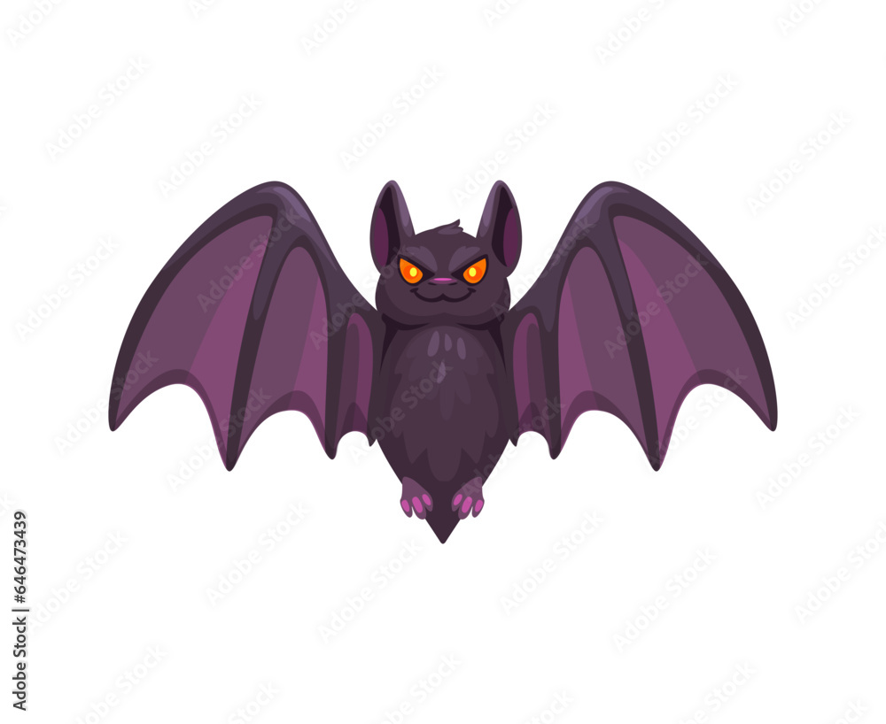 Cartoon Halloween bat emoji character. Isolated vector cute vampire animal emoticon with pointy ears, wings and glowing eyes, showcasing its playful and spooky vibe for the holiday season celebration Cartoon Halloween bat emoji character. Isolated vector cute vampire animal emoticon with pointy ears, wings and glowing eyes, showcasing its playful and spooky vibe for the holiday season celebration