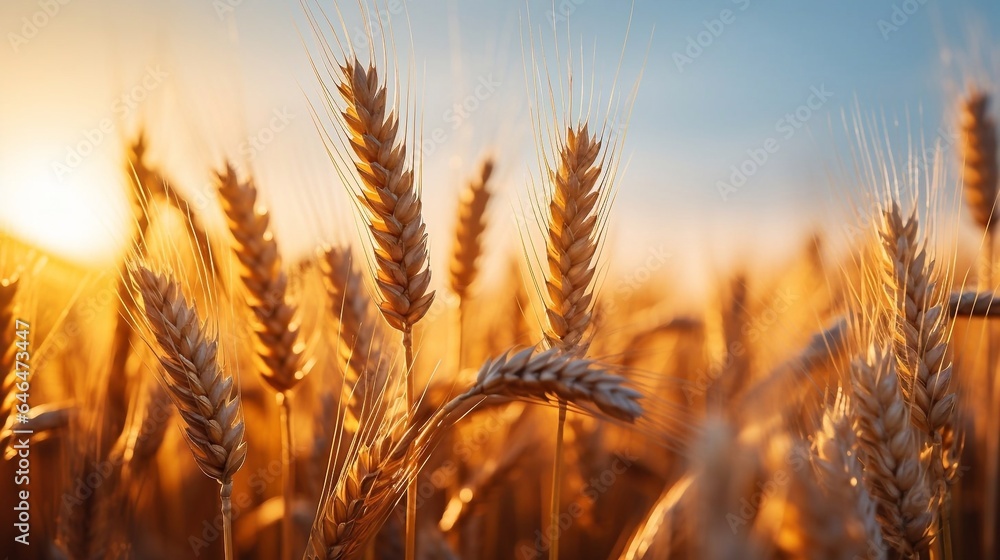Ears of wheat on a field. Agricultural photo.