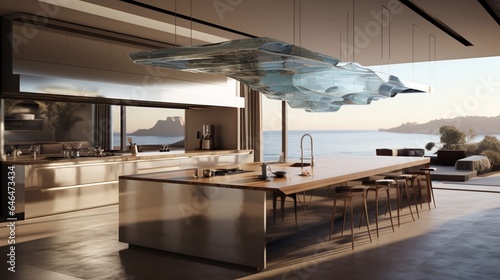 A kitchen with a floating range hood and waterfall island