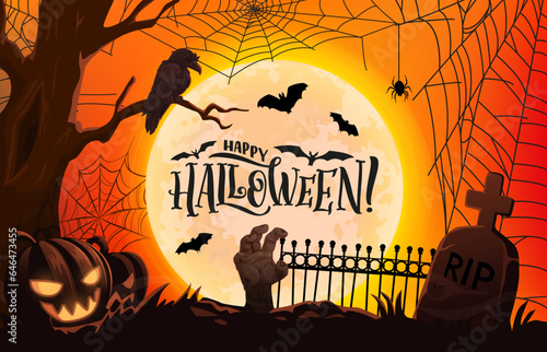 Halloween cemetery silhouette with zombie hand, pumpkin lantern and tombstone, vector background. Halloween holiday spiders on cobweb, RIP tombstone and bats with full moon on cemetery graveyard