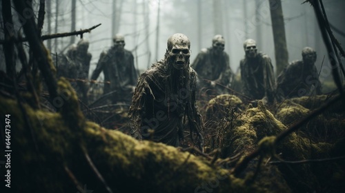 Group of zombies walking in misty forest.