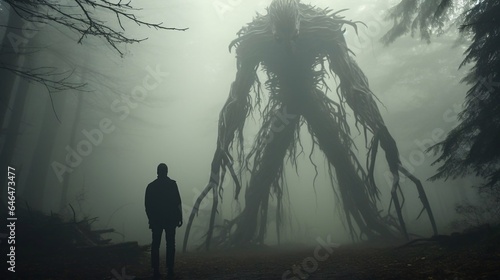 Gigantic forest monster in a fog meeting human.