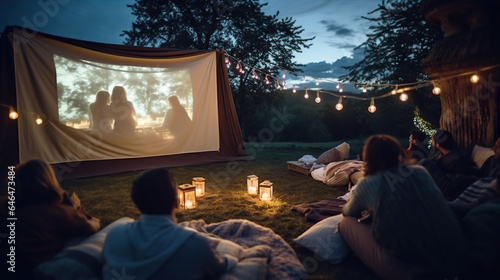 Outdoor Movie Night: Friends set up an outdoor movie screening with a projector and a large screen