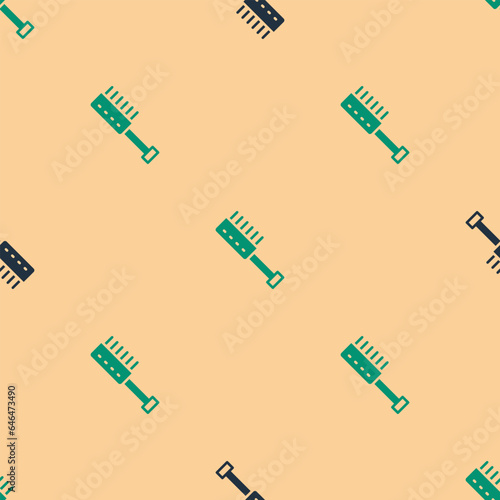 Green and black Sauna brush icon isolated seamless pattern on beige background. Wooden brush with coarse bristles for washing in the bath. Anti cellulite massage. Vector
