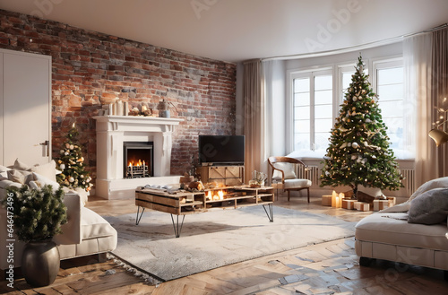 Christmas room, Christmas tree and snow falling outside the window Fireplace with fire on it A time of happiness and peace