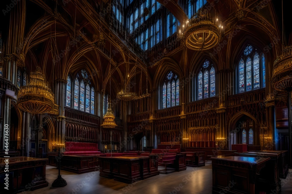 Fototapeta premium Manchester Town Hall Lord Mayors office space interior room painting of the queen portrait hanging