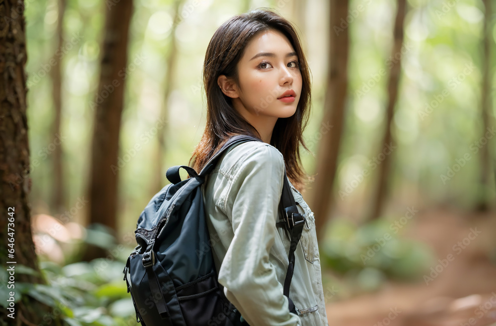 portrait of a woman backpack travel in a forest