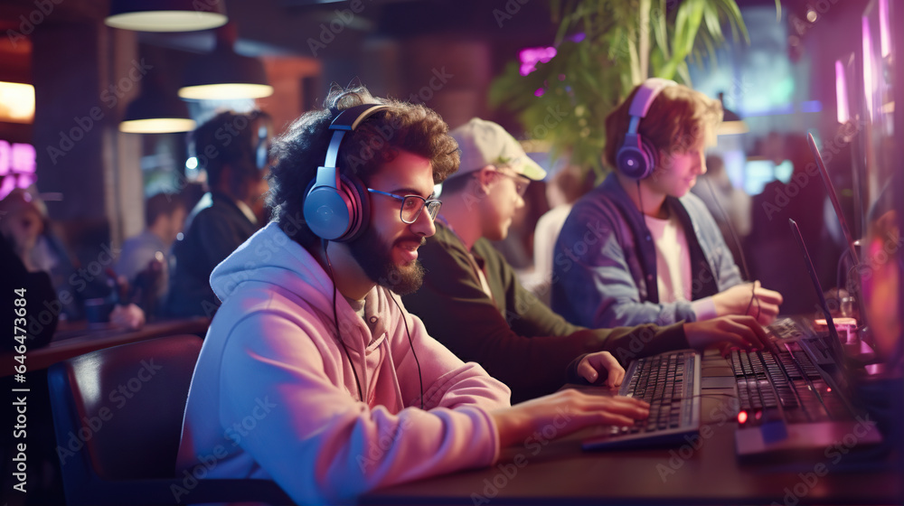 Obraz premium Gaming Café Hangout: Friends visit a gaming café where they can play video games