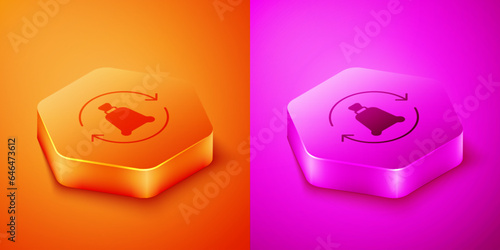 Isometric Garbage bag with recycle symbol icon isolated on orange and pink background. Trash can icon. Recycle basket sign. Hexagon button. Vector