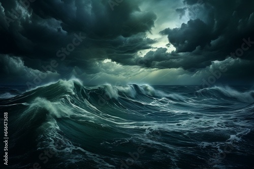 Stunning ocean scene showing stormy waves  cloudy dark sky  and an element of danger. Generative AI