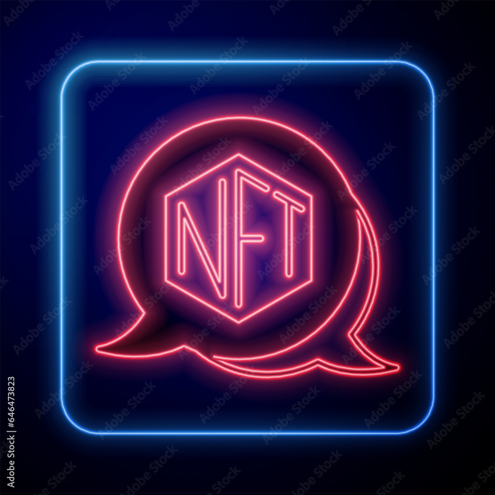 Glowing neon NFT Digital crypto art icon isolated on black background. Non fungible token. Vector Glowing neon NFT Digital crypto art icon isolated on black background. Non fungible token. Vector