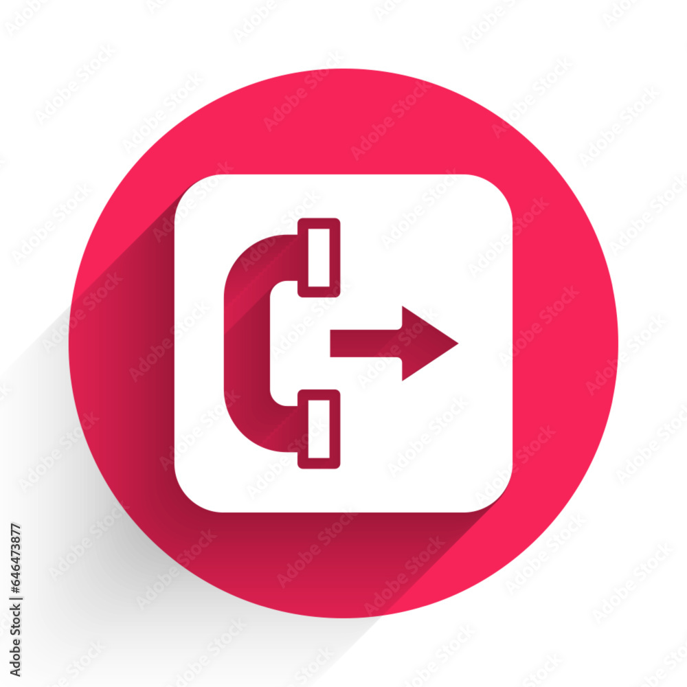 White Outgoing call phone icon isolated with long shadow background. Phone sign. Telephone handset. Red circle button. Vector White Outgoing call phone icon isolated with long shadow background. Phone sign. Telephone handset. Red circle button. Vector