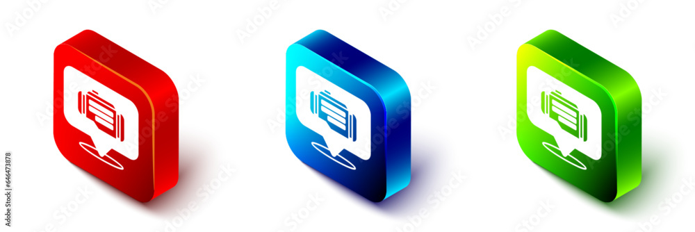 Isometric Check engine icon isolated on white background. Red, blue and green square button. Vector Isometric Check engine icon isolated on white background. Red, blue and green square button. Vector