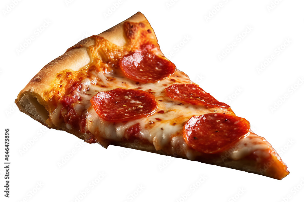 A hot pizza slice with dripping melted cheese. Isolated on white background.