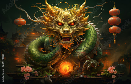 Green dragon in traditional style, mysterious monster from farytales and symbol of 2024 lunar year in Chinese calendar.