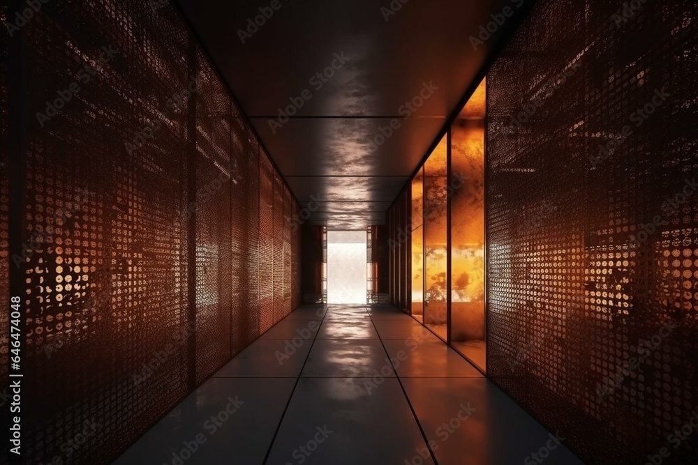 Empty abstract room interior of rusted metal sheets. Architectural background. Night view of the illuminated. 3D illustration and rendering. Generative AI