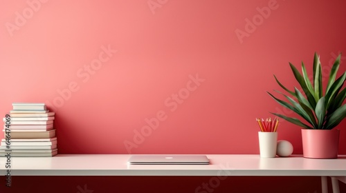 Fragment of stylish minimalist monochrome interior of modern office room in pastel carmine red and pink tones. Large desktop, laptop, office tools. Creative design. Mockup, 3D rendering.