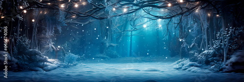 holiday background in a mystical winter forest, with ethereal lights, mythical creatures, and a hidden doorway to a magical world. Generative AI photo