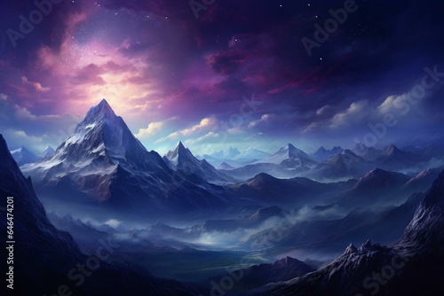 A cosmic painting revealing the vastness of the universe over majestic mountains. Generative AI