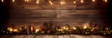 Christmas banner with a wooden backdrop, adorned with wreaths and fairy lights. Generative AI