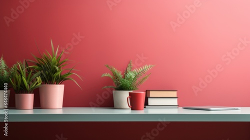 Fragment of stylish minimalist monochrome interior of modern room in pastel carmine red and pink tones. Large table  laptop  books  houseplants. Creative design. Mockup  3D rendering.