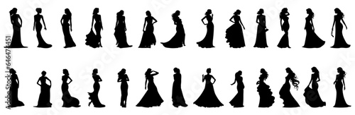 set of silhouettes of woman in a dress. standing pose. isolated background. eps 10