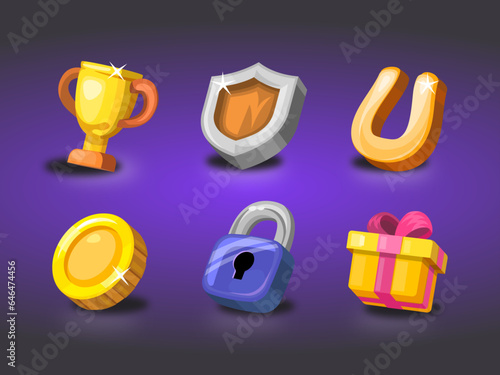 Game casual icons for your app. Bright remarkable UI elements. Good for animation. Goblet, shield, present and others. Vector illustration for your business.