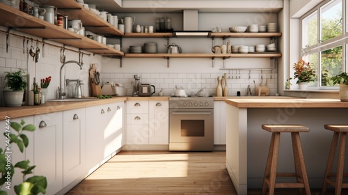 A kitchen with a mix of open shelving and closed cabinets