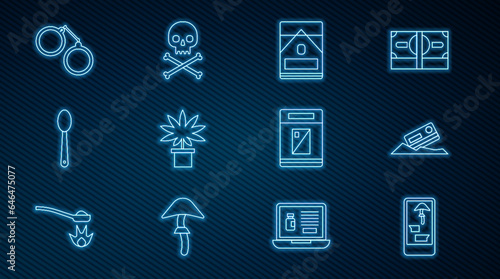 Set line Buying drugs online on phone, Cocaine and credit card, Cigarettes pack box, Marijuana or cannabis plant pot, Heroin spoon, Handcuffs, and Skull crossbones icon. Vector