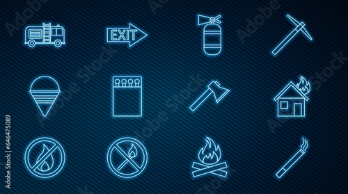Set line Cigarette, Fire in burning house, extinguisher, Open matchbox and matches, cone bucket, truck, Firefighter axe and exit icon. Vector