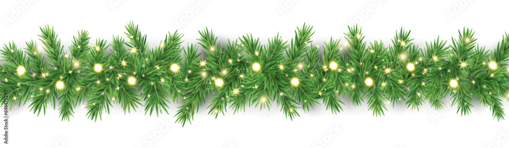 Christmas fir garland border. Xmas tree branches with gold light. Glitter luxury decoration. Golden neon bulb frame. Holiday glow particle. Magic star. Celebration party design. Vector illustration