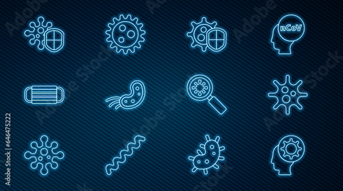 Set line Human and virus, Virus, Shield protecting from, Medical protective mask, under magnifying glass and icon. Vector