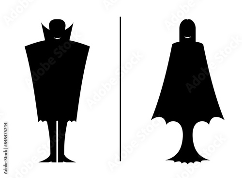 Halloween WC sign. Smiling silhouettes of vampire and vampress in black capes