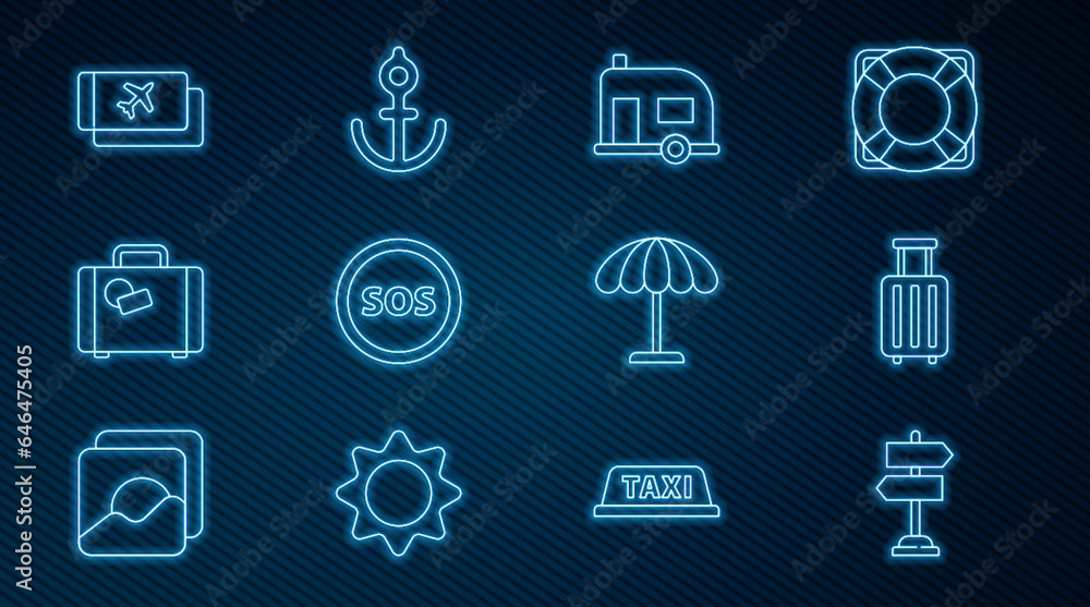 Fototapeta premium Set line Road traffic sign, Suitcase, Rv Camping trailer, Location with SOS, Airline ticket, Sun protective umbrella for beach and Anchor icon. Vector