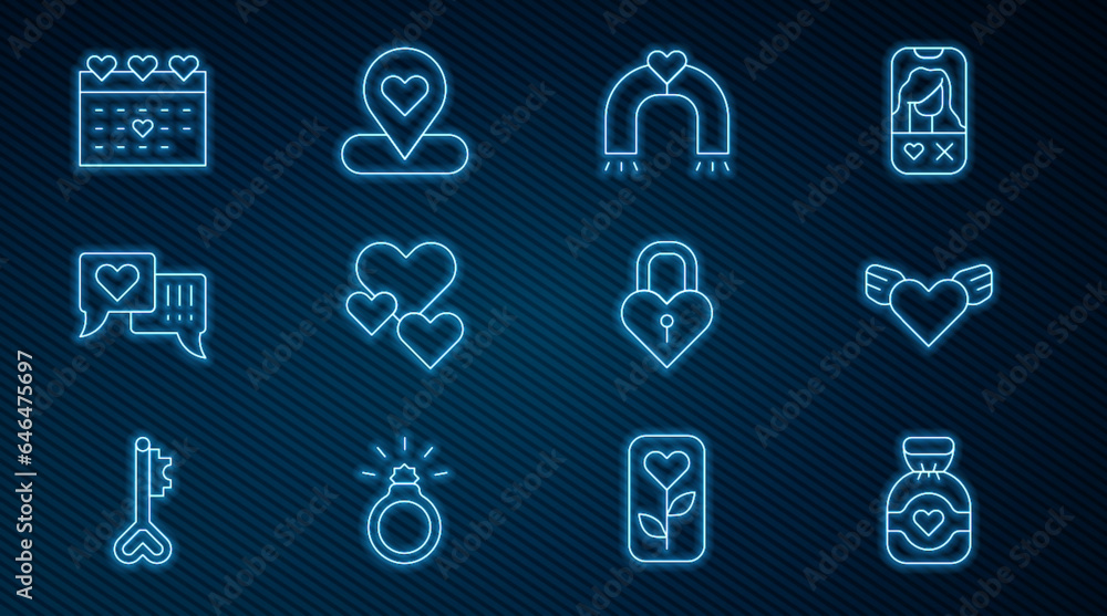 Set line Chocolate candy, Heart with wings, Love magnet, speech bubble, Calendar heart, Castle the shape of and Location icon. Vector Set line Chocolate candy, Heart with wings, Love magnet, speech bubble, Calendar heart, Castle the shape of and Location icon. Vector