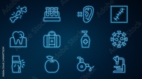 Set line Microscope, Virus, Deaf, First aid kit, Tooth with caries, Human broken bone, Liquid antibacterial soap and Test tube blood icon. Vector