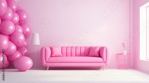 Stylish minimalist monochrome interior of modern cozy living room in pastel pink tones. Trendy couch  coffee table  floor lamp  decorative bubbles. Creative home design. Mockup  3D rendering.