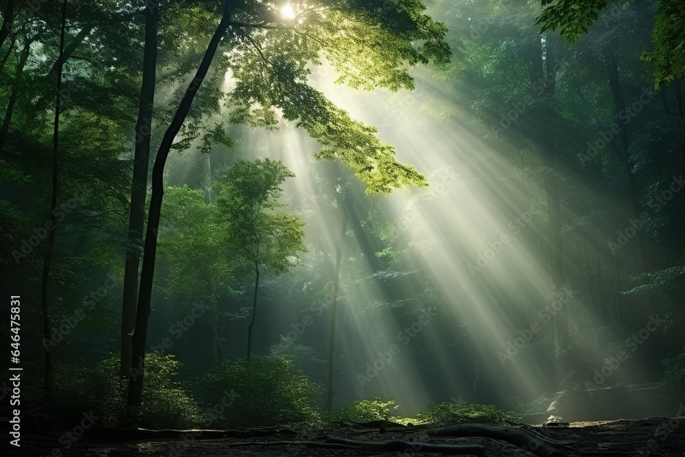Fogs in the forest. The rays of the sun through the branches of trees illuminate the fog.