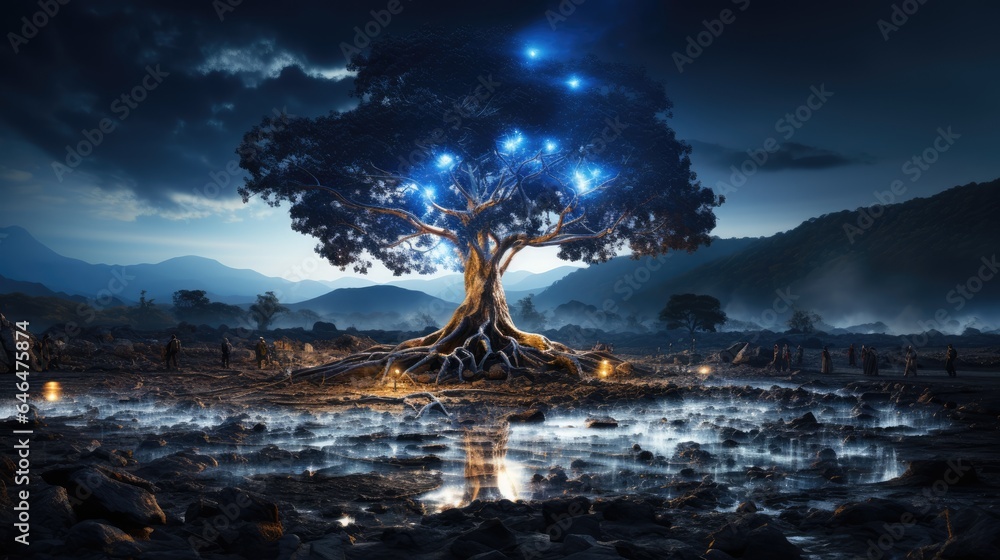 single tree with roots blue glowing technology points connections and ...