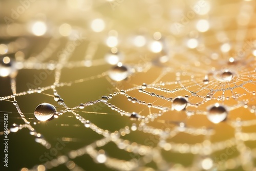 Spider web on the background of sunrise with dew drops.
